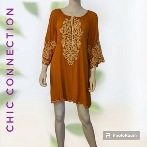 CHIC CONNECTION Mustard Yellow Floral Embroidered Boho Hippie Micro Mini Dress